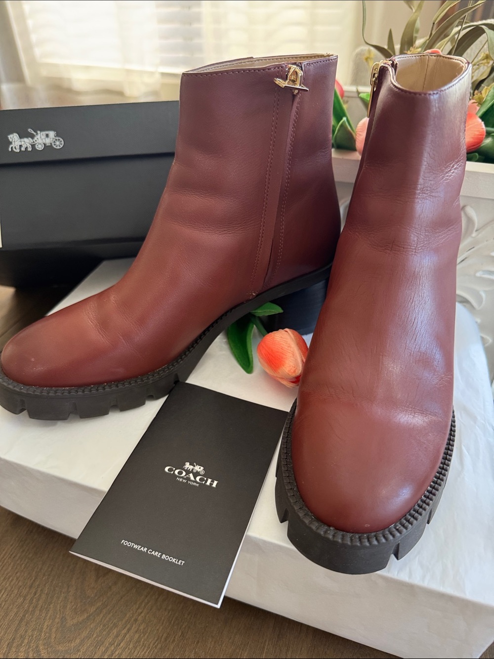 NEW IN BOX!! #07 COACH Chrissy Burgundy Mocha Leather Platform Ankle Boots 7.5